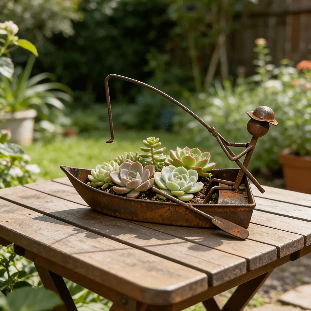 Rustic Metal Fishing Boat Planter with Fisherman Figure, Vintage Succulent Flower Pot for Indoor and Outdoor Plants, Decorative Garden Container for Patio, Balcony and Tabletop, Creative Farmhouse Plant Holder and Garden Decor Gift