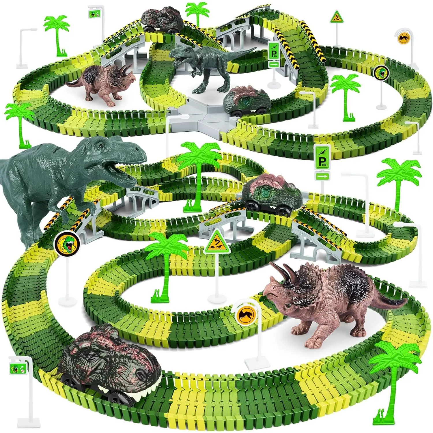 Dinosaur Toys,Create A Dinosaur World Road Race,Flexible Track Playset and 2 pcs Cool Dinosaur car  3 4 5 6 Year & Up Old boy Girls Best Gift