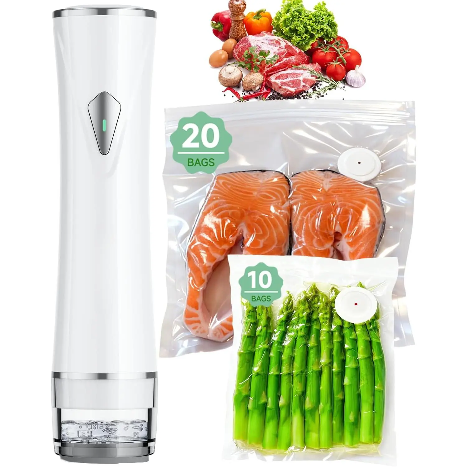 Compact Vacuum Sealer for Food (Vacuum Sealer Machine + 30 Reusable Vacuum Bags), Powerful Handheld Vacuum Sealer Machine, Seal Food 6X Fresh Longer, Portable & Wireless, Easy-Clean