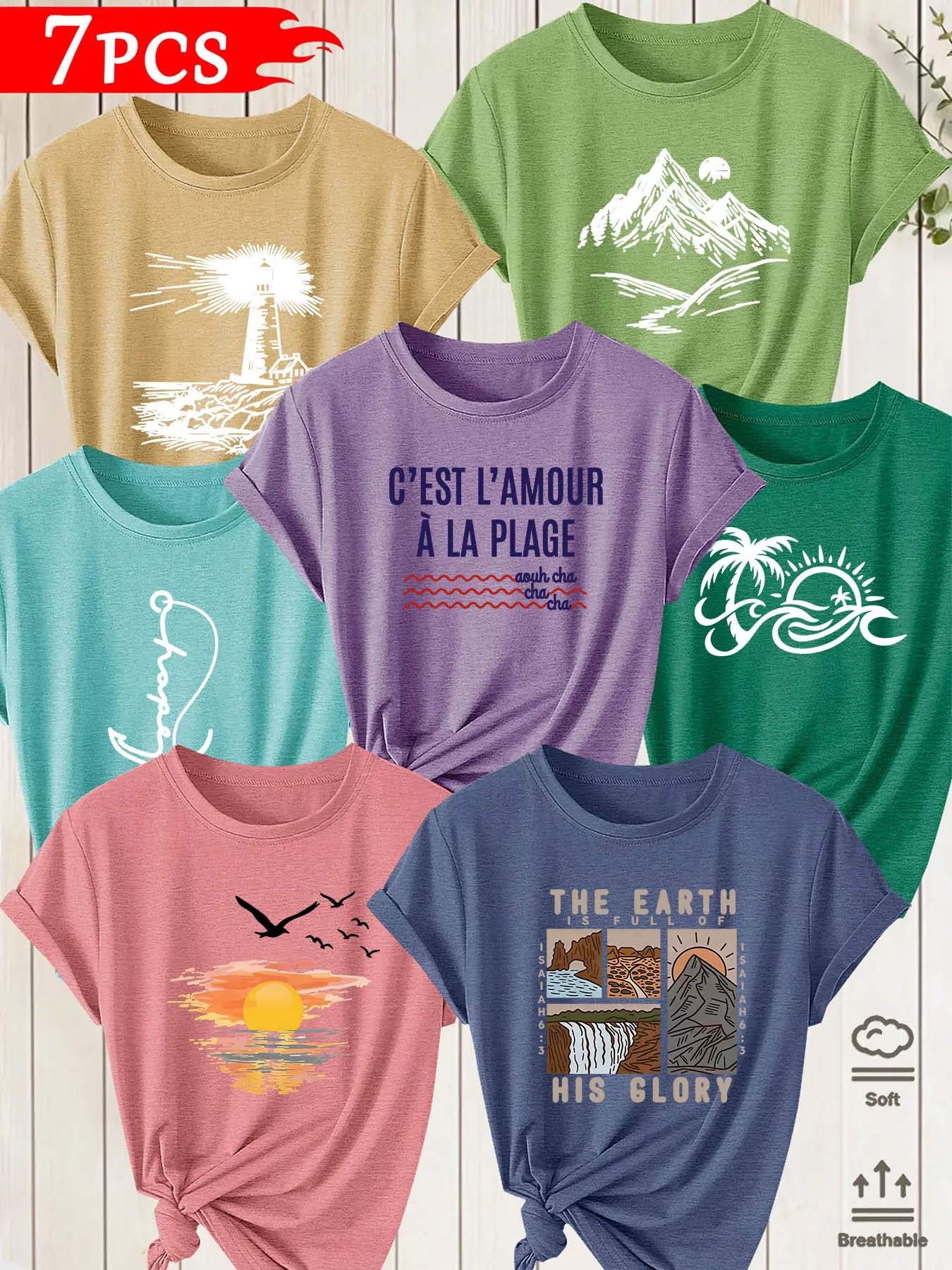 7Pcs Women Crew Neck T‑Shirt Combo Pack, Patterns From Pictures, Multiple Colors To Choose, Machine Washable, Spring Summer Short Sleeve Tops, Soft Skin‑Friendly Fabric, Daily Versatile All‑Match Wear, Fashion Fun Printed Tees