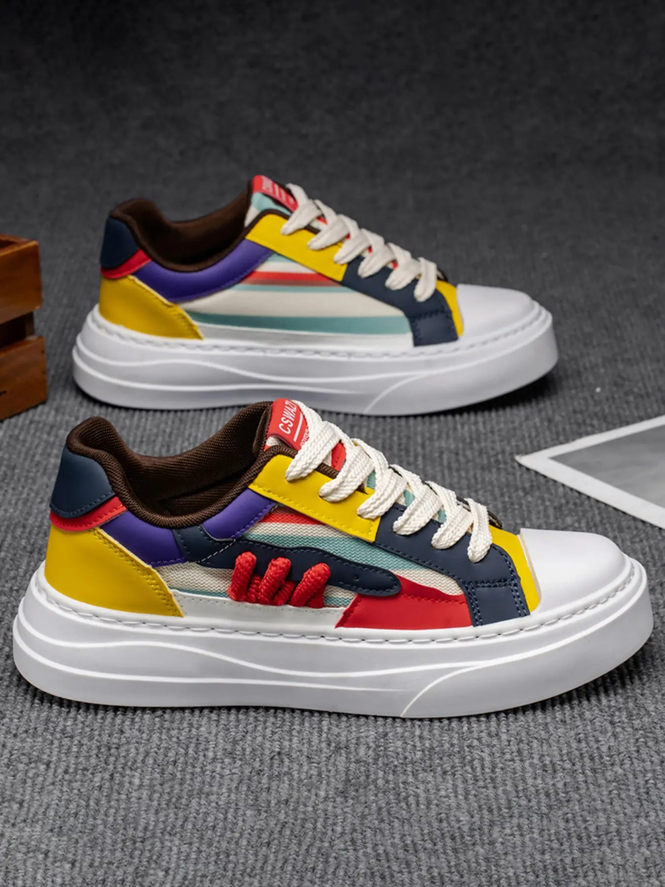 2026 New Men Fashion Color Block Platform Skate Shoes, Multi Stripe Contrast Sneakers, Thickened Sole & Thick Rope Laces, Anti-Slip Street Casual Shoes, 3 Colors Available