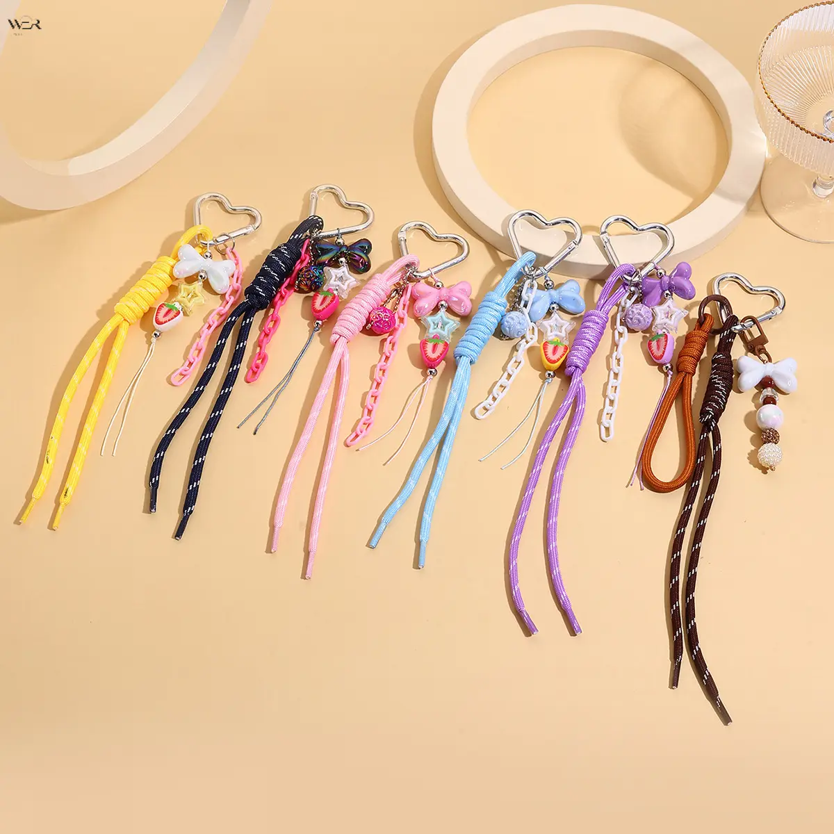 Y2K Kawaii Multi-Color Woven Rope Heart Carabiner Bag Pendant Keychain, Bow Strawberry Daisy Floral Beads Adjustable Long Tassel, Sweet Small Holiday Birthday Gift for Teen Girls Young Women