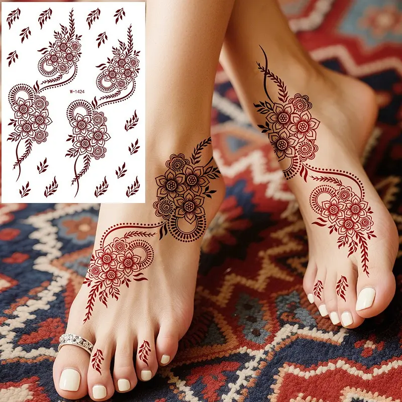 24-Piece Indian Henna Tattoo Stickers Set, Easy Transfer Fake Mehndi Tattoos, Waterproof Floral Mandala Designs, DIY Body Decor for Girls, Temporary Tattoo Stickers