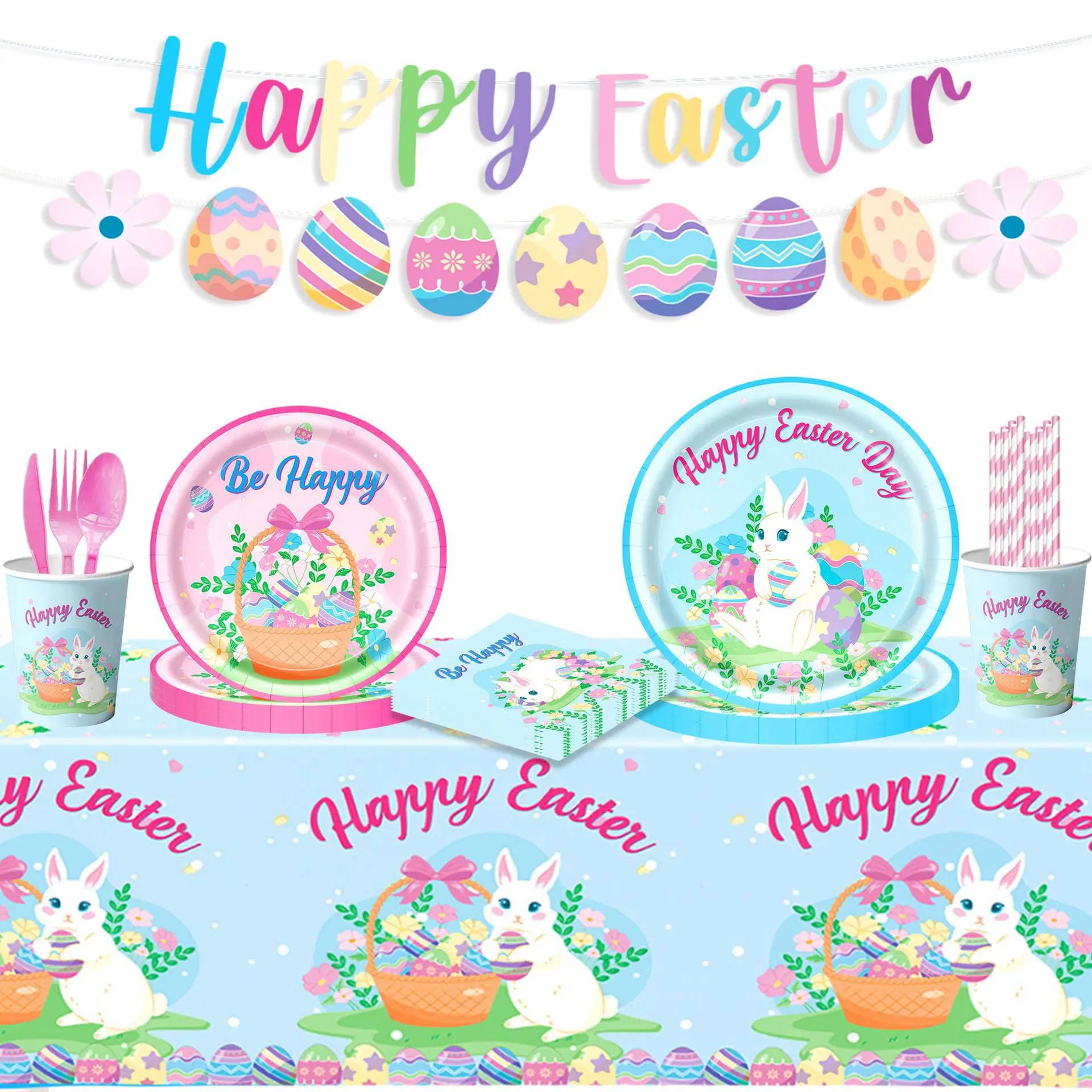 Easter Party Supplies Set, Bunny Egg Paper Plates Cups Napkins Tablecloth, Spring Holiday Tableware Decorations for Kids Family Dinner, Disposable Easter Tableware Kit