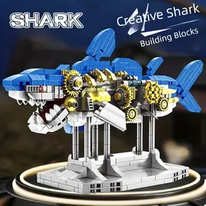 1000+ Steam Punk Mechanical Gear Shark Micro Particle Building Blocks, Cyber Style Half Anatomy Model, Adult Collection Desktop Display