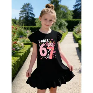 Axolotl 7th Bday 6 7 Birthday I was 6 Now I'm 7 Girls' Summer Flutter Sleeve Casual Dress - Soft, Durable, Easy-Care, Ideal for School & Outdoor Activities - Fast delivery from local warehouse cute 8th grade graduation kids clothing girls pink first