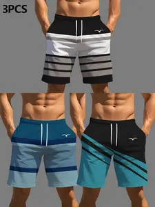 Beach Surfing Essentials, Simple Colorblock Striped Casual Shorts Set of Three, Loose-Fitting Random Print, Unlined, Plain Surface
