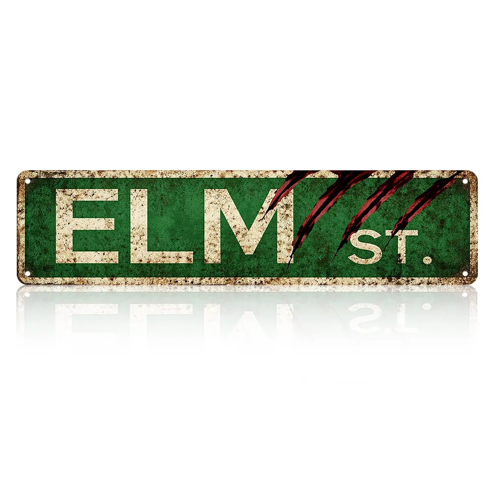 Elm St Vintage Green Lightweight Aluminium Wall Plaque - 16x4in Horizontal Rustic Home Decor Print, Freddy Krueger Horror Blood Claw Scratch Sign, Waterproof Indoor-Outdoor Holiday Gag Gift for Adult Wardrobe, Study Hanging, Casual