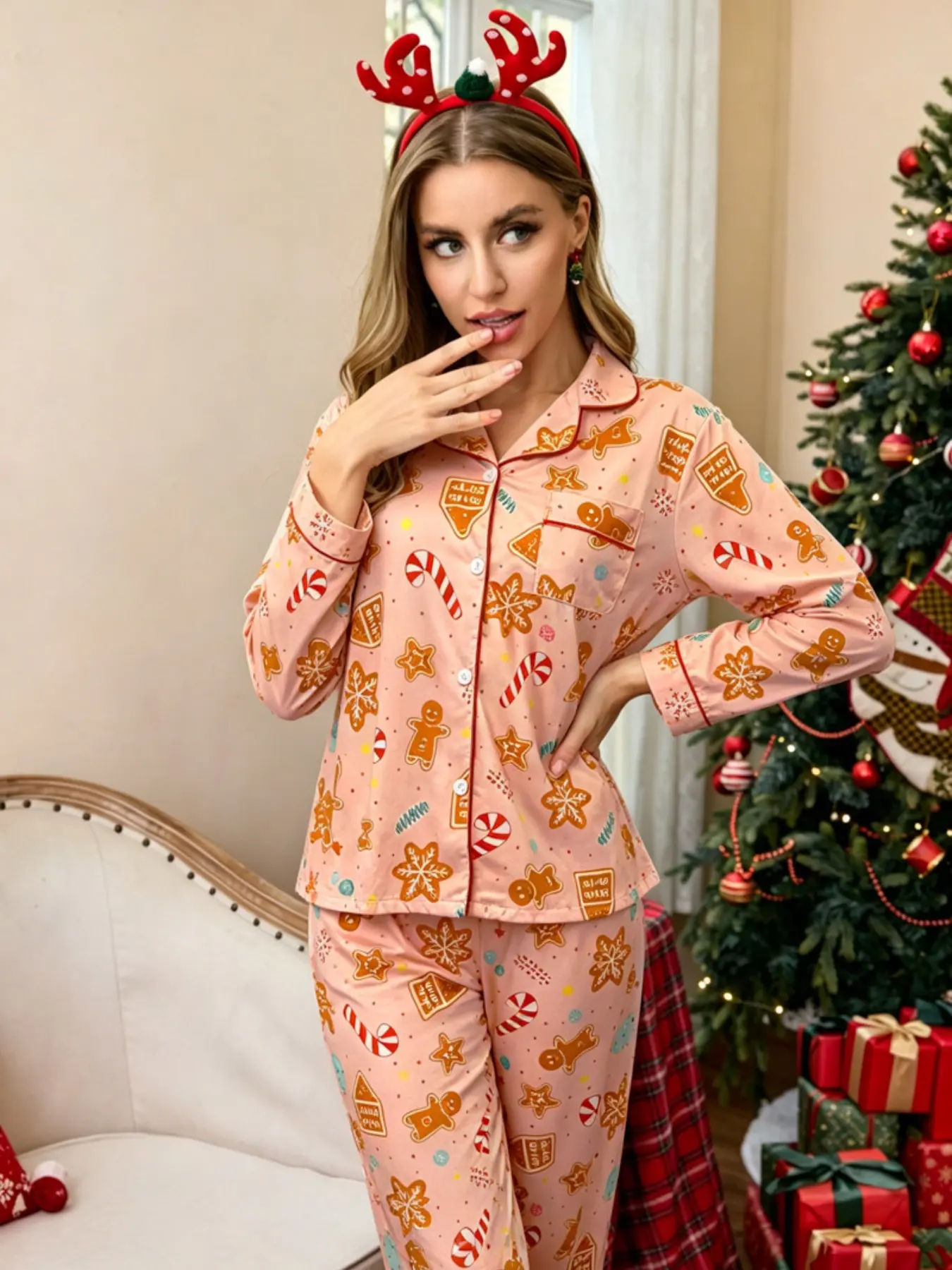 Women's Christmas Pajama Set, Pyjamas, Casual Loose-Fitting Long Sleeve Pants, Fall & Winter Home Wear, Cartoon Fashion Collar Design