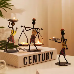 Handcrafted Wrought Iron African Lady Figurine, Tea Light Candle Holder, Color Braided Skirt, Retro Tabletop Decor for Bedroom