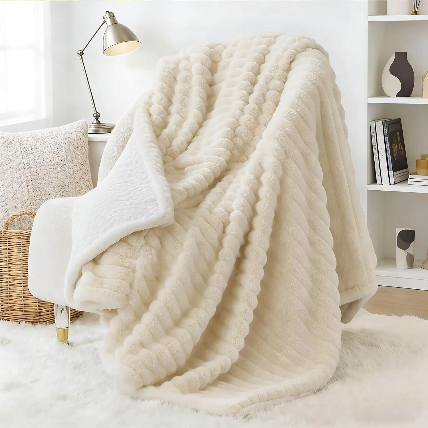Sherpa Throw Blanket for Couch 45" x 60", Bubble Plush Fleece, White | 480GSM -Layer Bubble Fleece and Sherpa Provide Cloud-Soft Warmth for Cozy Evenings  the Couch, Bed, or Reading Chair