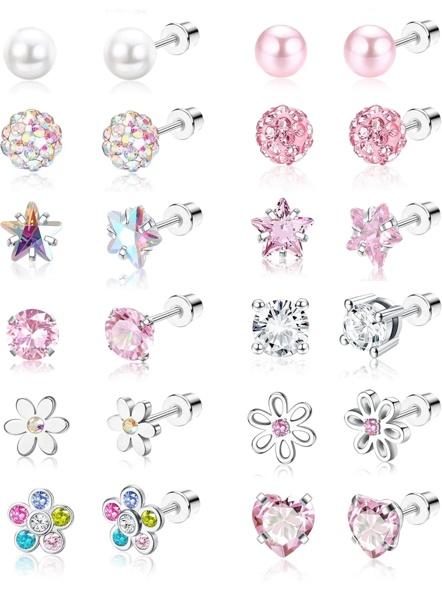 12 Pairs Hypoallergenic Surgical Steel Screw Back Stud Earring Set for Women Girls, Cute Tiny Heart CZ Flower Pearl Ball Cartilage Piercing Jewelry Gift Hypoallergenic Cartilage Earrings