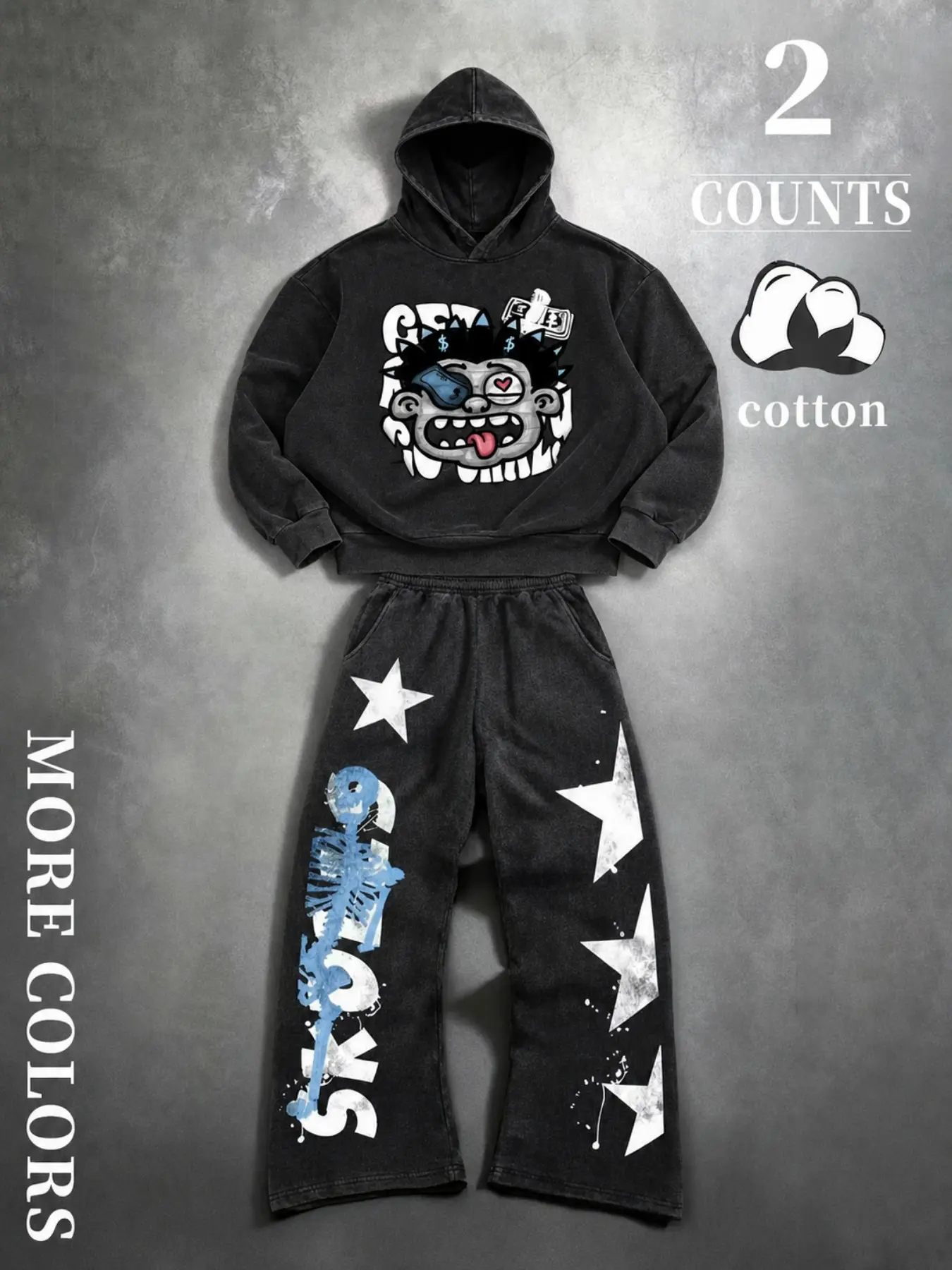 Washed Black Cartoon Character Hoodie Matching Tracksuit, Funny Monster Print Hooded Sweatshirt And Star Skeleton Baggy Wide Leg Pants Two Piece Set, Retro Hip Hop Streetwear Cotton Matching Outfit For Men Daily Wear