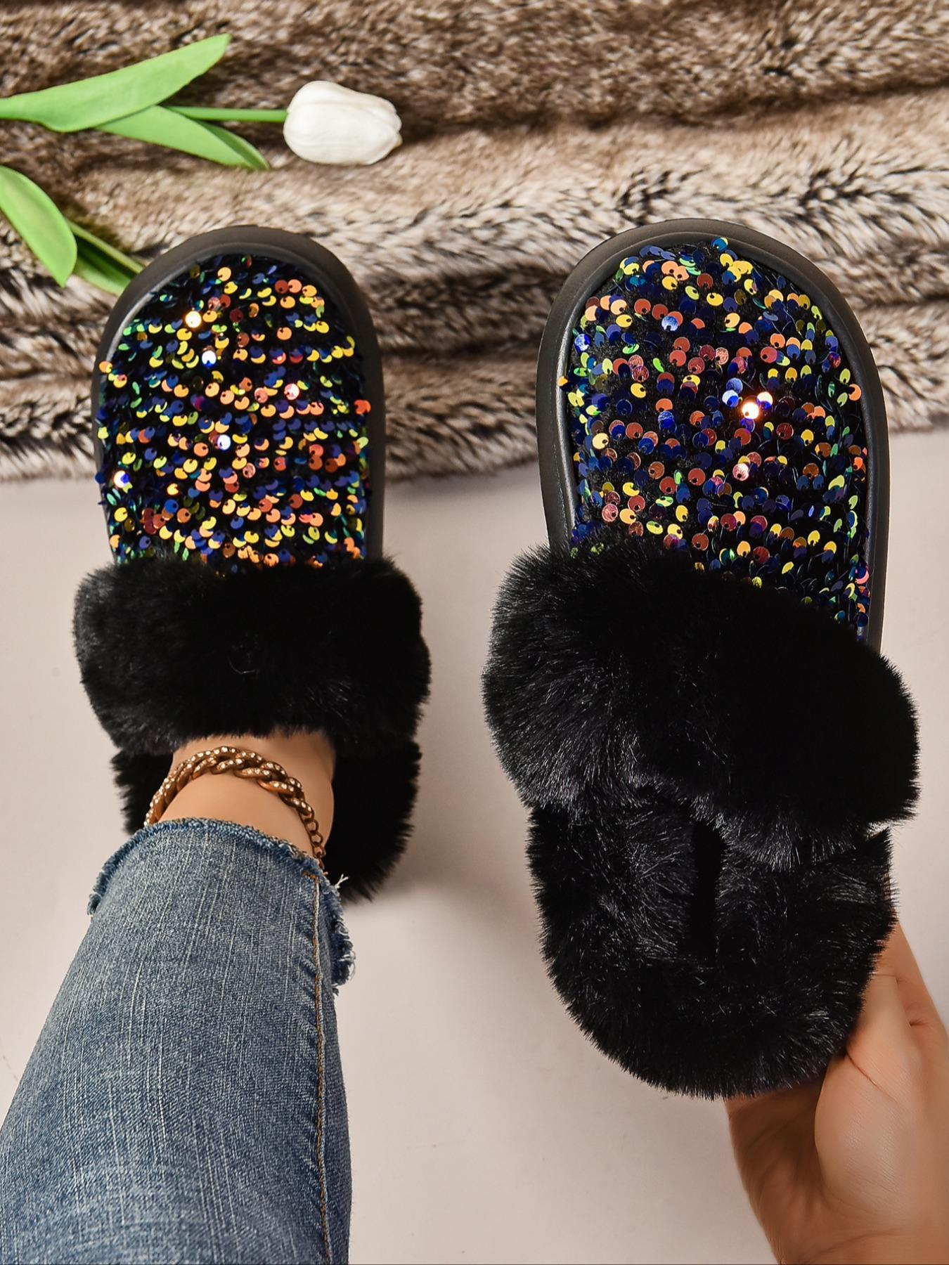 Women's Baroque Sequin Decor Plush Slippers, Casual Soft Comfortable Home Slippers, Warm Slippers for Indoor & Outdoor Use for Fall & Winter, Non Slip Slippers