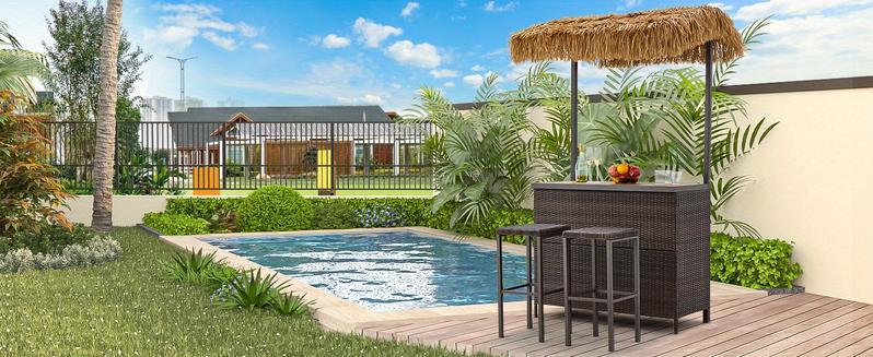 Outdoor Tiki Bar Set, 3 Pieces Wicker Patio Bar Set w/2 Height Stools, Storage Shelf, Canopy, Plastic Wood Tabletop for Backyard Poolside Garden, Brown