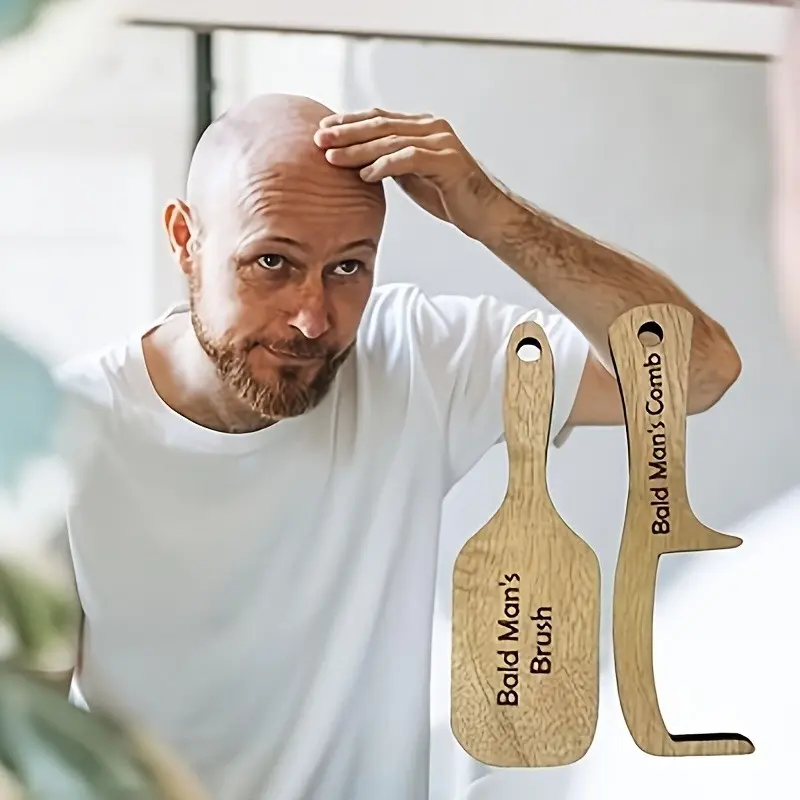 Humorous Haircut Comb Set for Bald Men, Practical Wooden Hairless Comb and Brush, Fun Prank Gift for Boyfriend, Dad, Friend