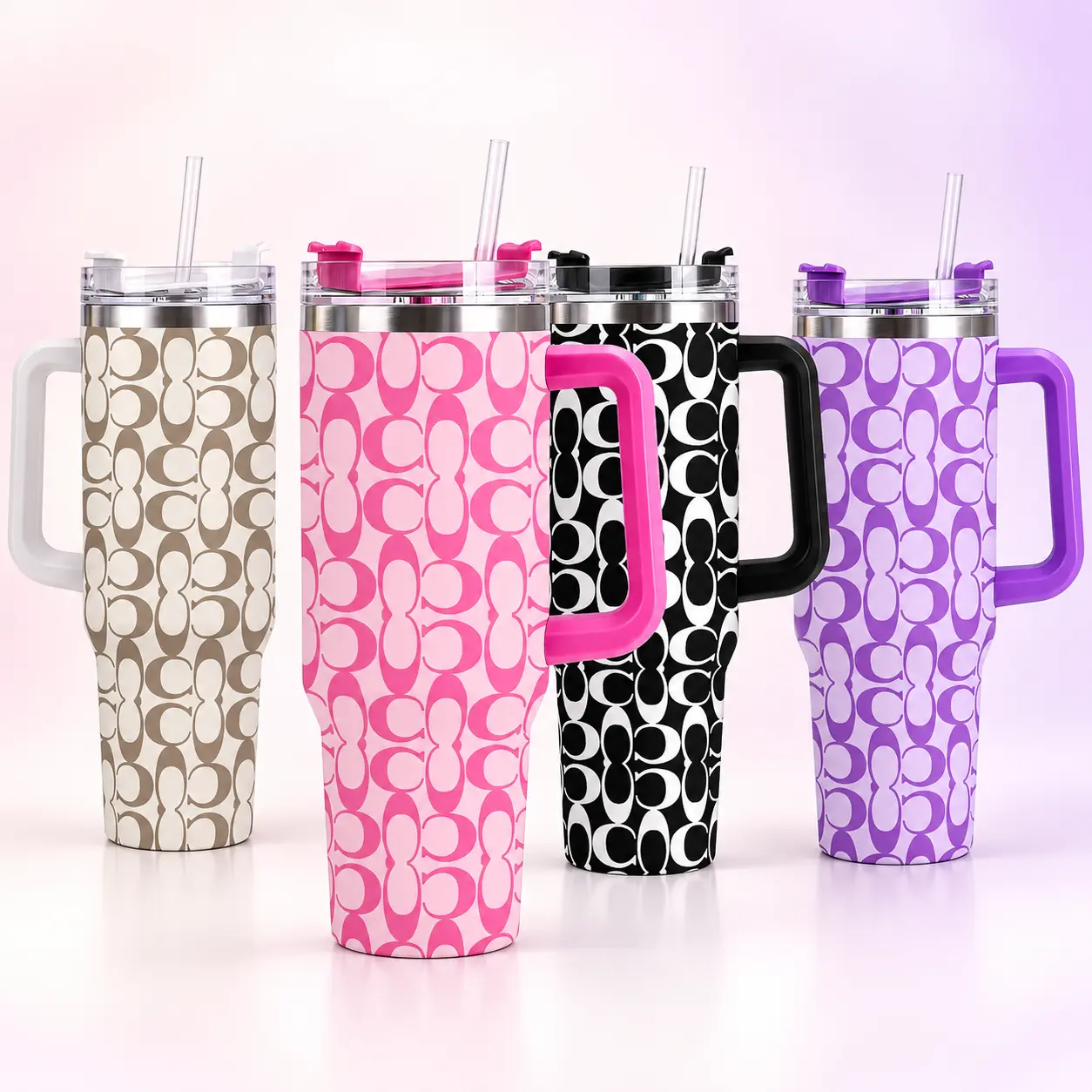 1PCS 40oz  Luxury Monogram Insulated  Tumbler with Handle and Straw, Retro Geometric Pattern Travel Cup, Reusable Large Capacity Mug for Car, Work and Daily Use, 4 Colors