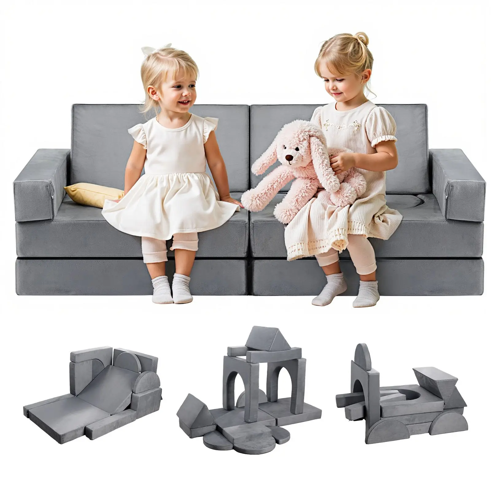 VEVOR Modular Kids Play Couch, Sectional Toddler Sofa with Armrests, 28D Sponge Short Pile, Convertible Kids Modular Couch DIY Creative Combination for Playroom, Bedroom, Living Room, 14 Pcs, Gray
