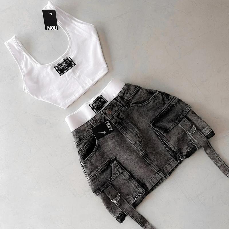 women 2 peice new fashion straps casual multiple pockets denim skirt  goth womens versatile strap streetwear  Womenswear sets Clothes Button Jeans Seamless Suits Gamis Fitted Short Sleeveless