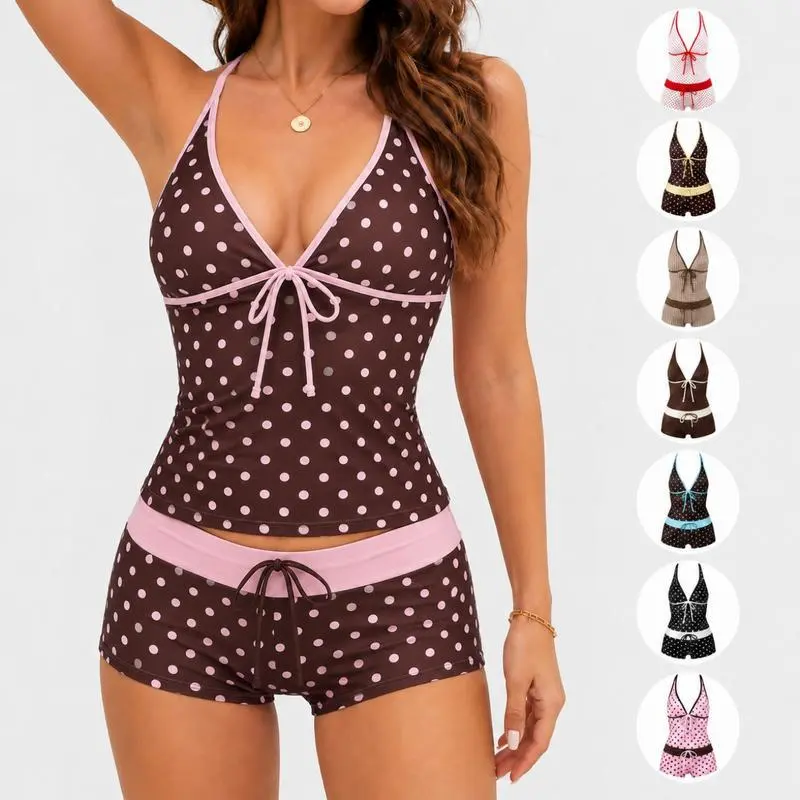 Women's 2026 New Retro Polka Dot Vintage Yellow Colour Block 2-Piece Swimsuit - Triangle Top, Low-Rise Bottom for Beach, Pool