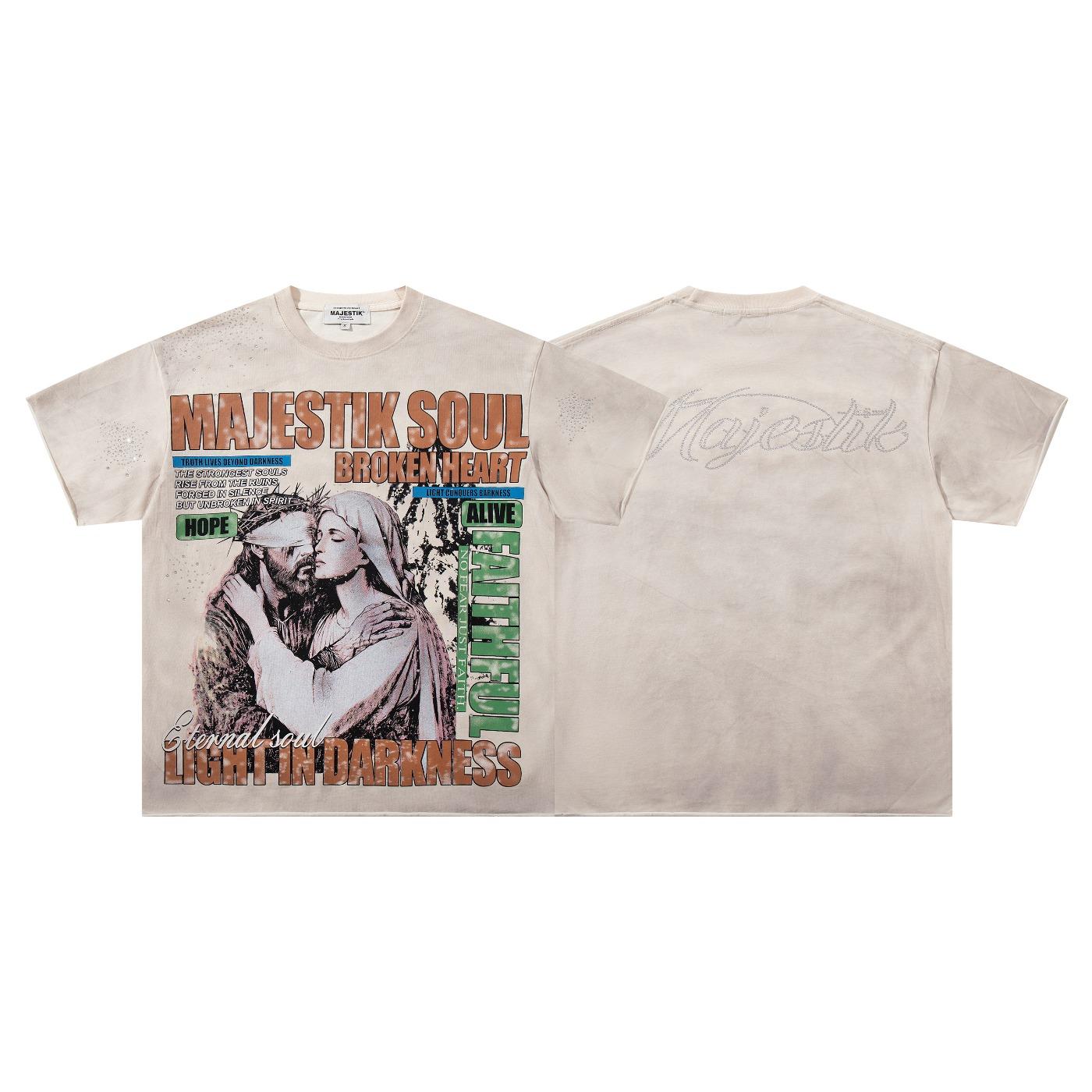 MAJESTIK New American High-Street Streetwear, Vintage Washed Distressed Frayed Edges, Heavy Rhinestone Inlay, Jesus & Virgin Mary Graphic Print, Black Y2K Hip Hop Crew Neck Short Sleeve Cotton T-Shirt Tops
