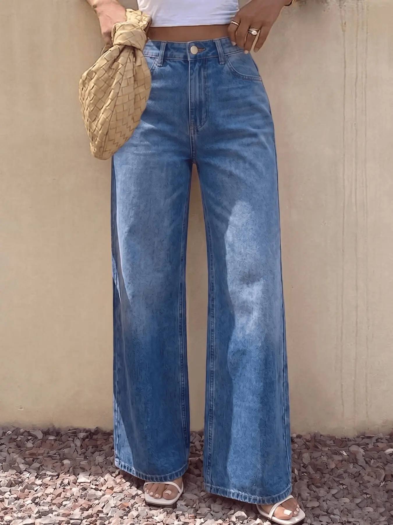 Women's Wide Leg Button Jeans, High Waist Vintage Washed Stretch Denim Jeans, Casual Streetwear Light Blue Full-Length, 26ss Fashion