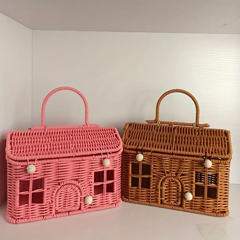 House Shaped Imitation Rattan Woven Hand Storage Basket, Halloween Candy Basket, Table Decor Bin, Multi-purpose Outdoor Organizer Basket
