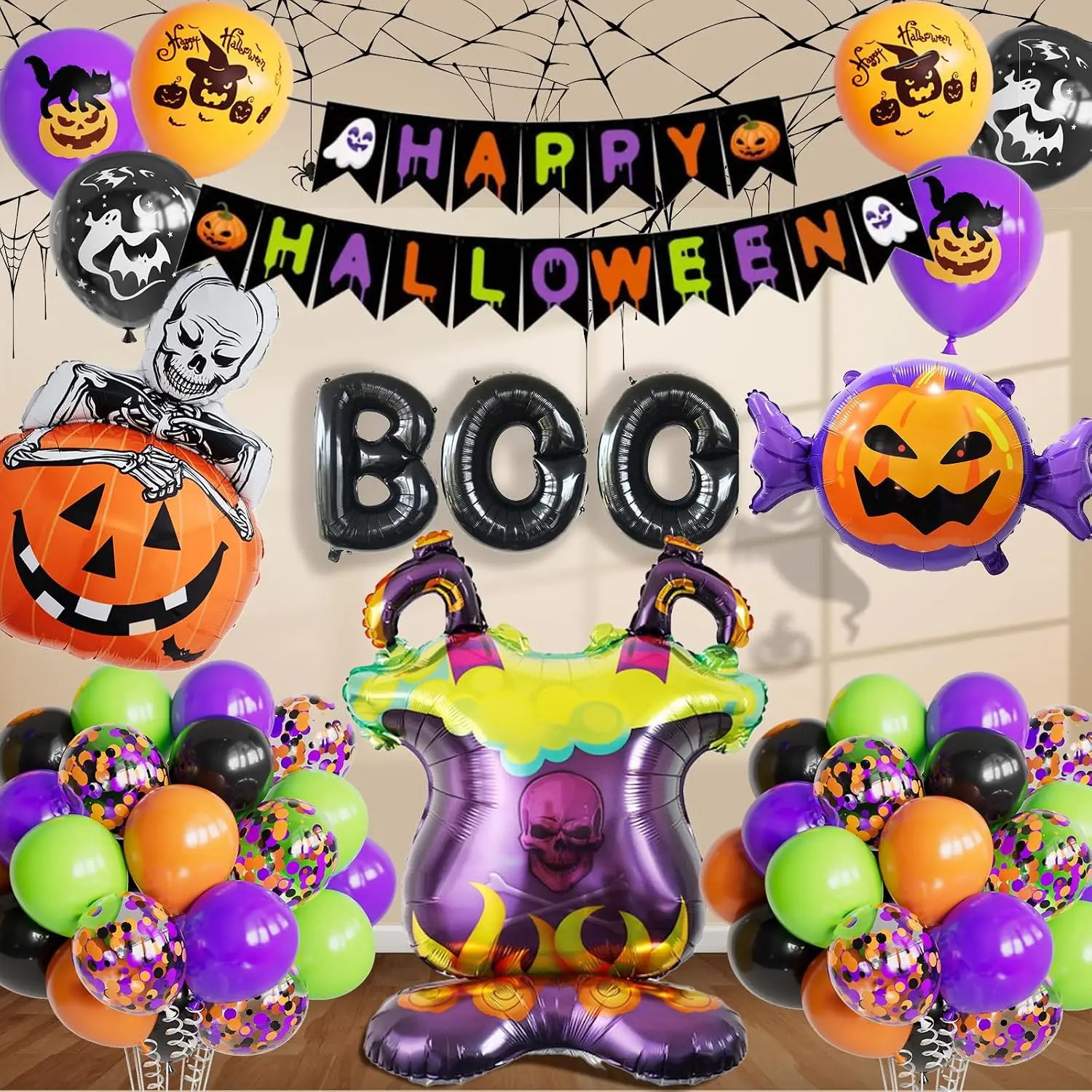 Halloween Balloons Decorations with Banner, 54 count Black Orange  Green Confetti Balloon  Stove Candy Pumpkin BOO Foil Balloons for Halloween Party Supplies