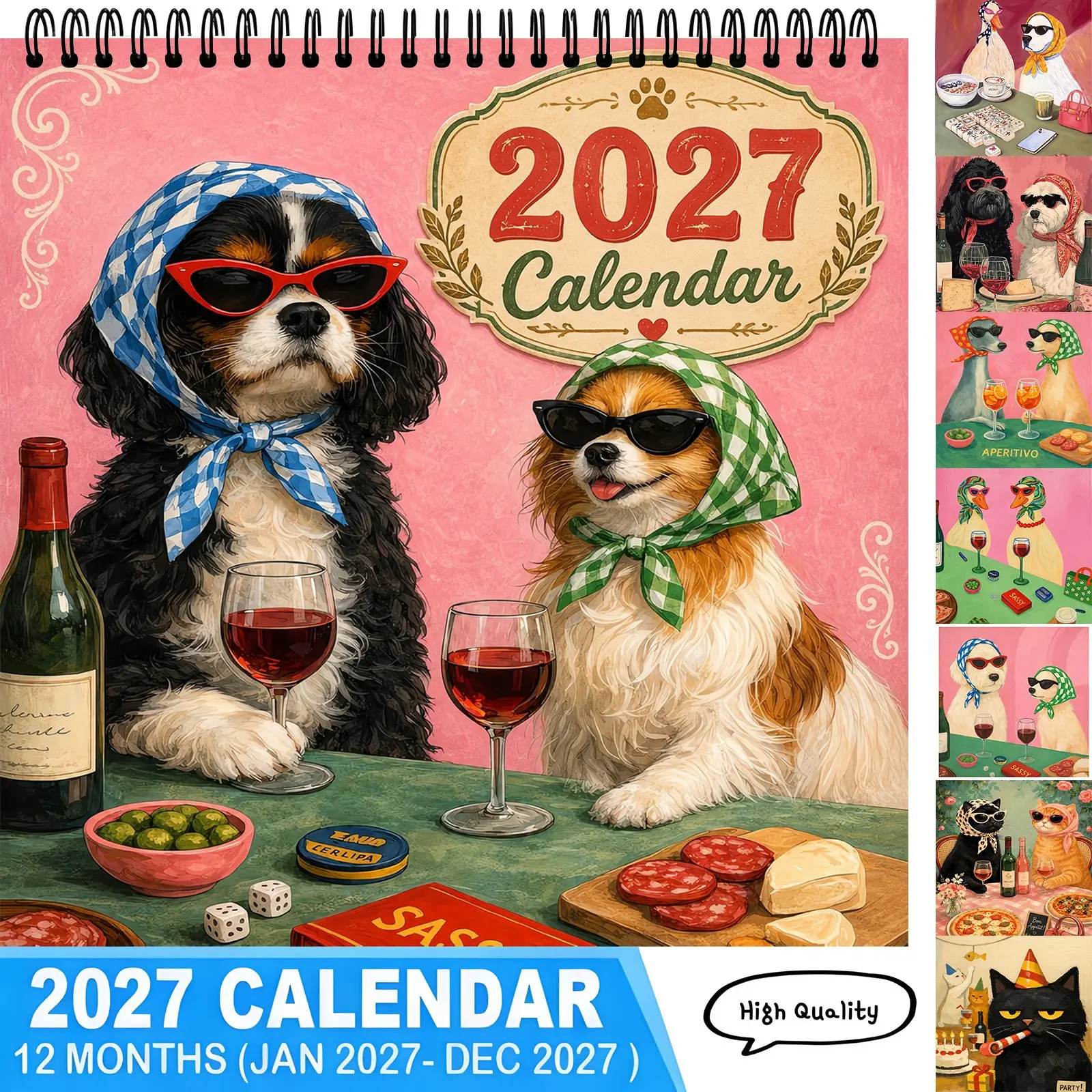 2027 Retro Party Dog Wall Calendar 12 Months Jan‑Dec 2027 Funny Vintage Party Dog Art Spiral Calendar Aesthetic Wall Home Decoration Perfect Unique Gift For Dog Lovers Pet Fans,Aesthetic Calendar,Calendar Gift,New Year Calendar