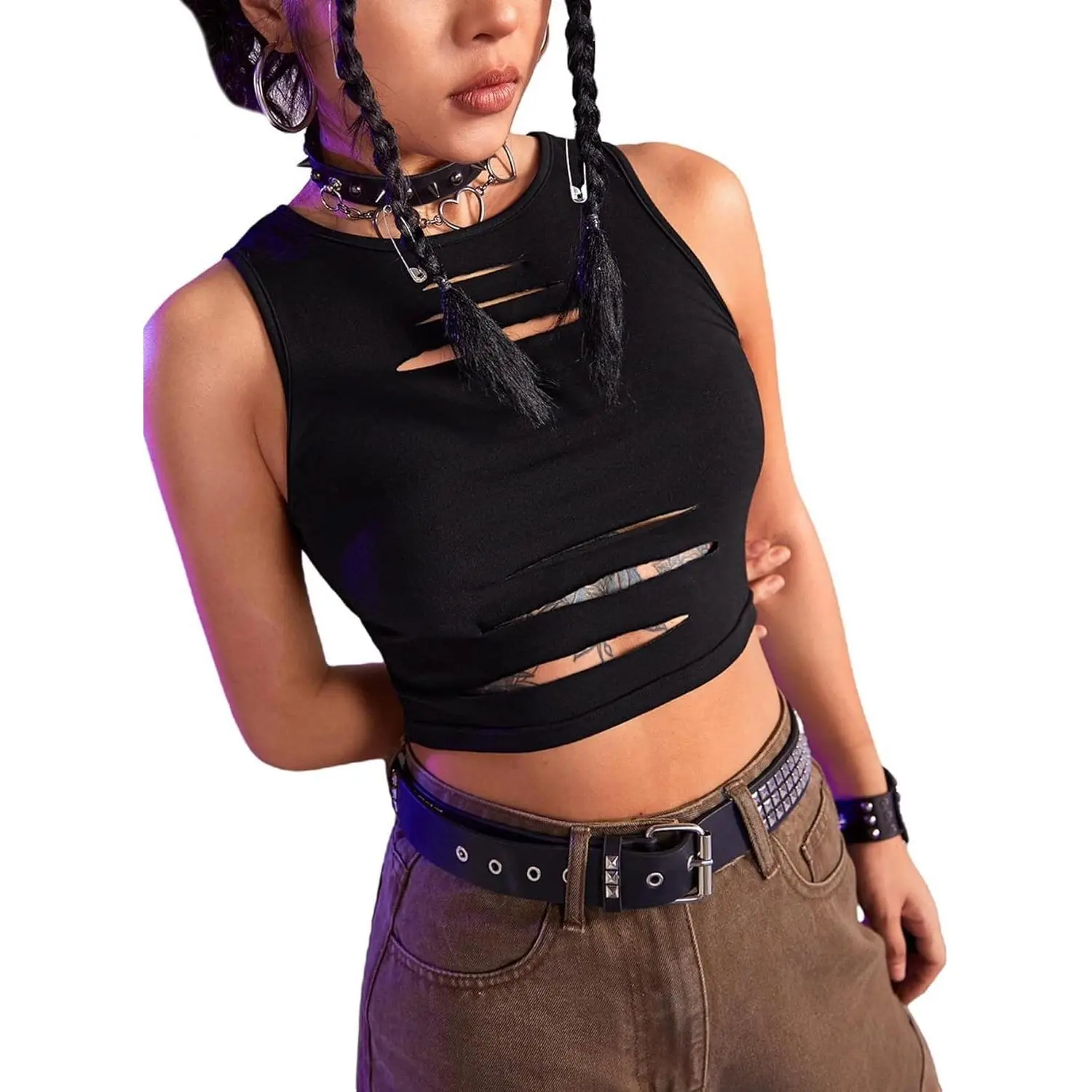 Women's Slim Cut-Out Sleeveless Round Neck Punk Rock Solid Ripped Crop Tank Top