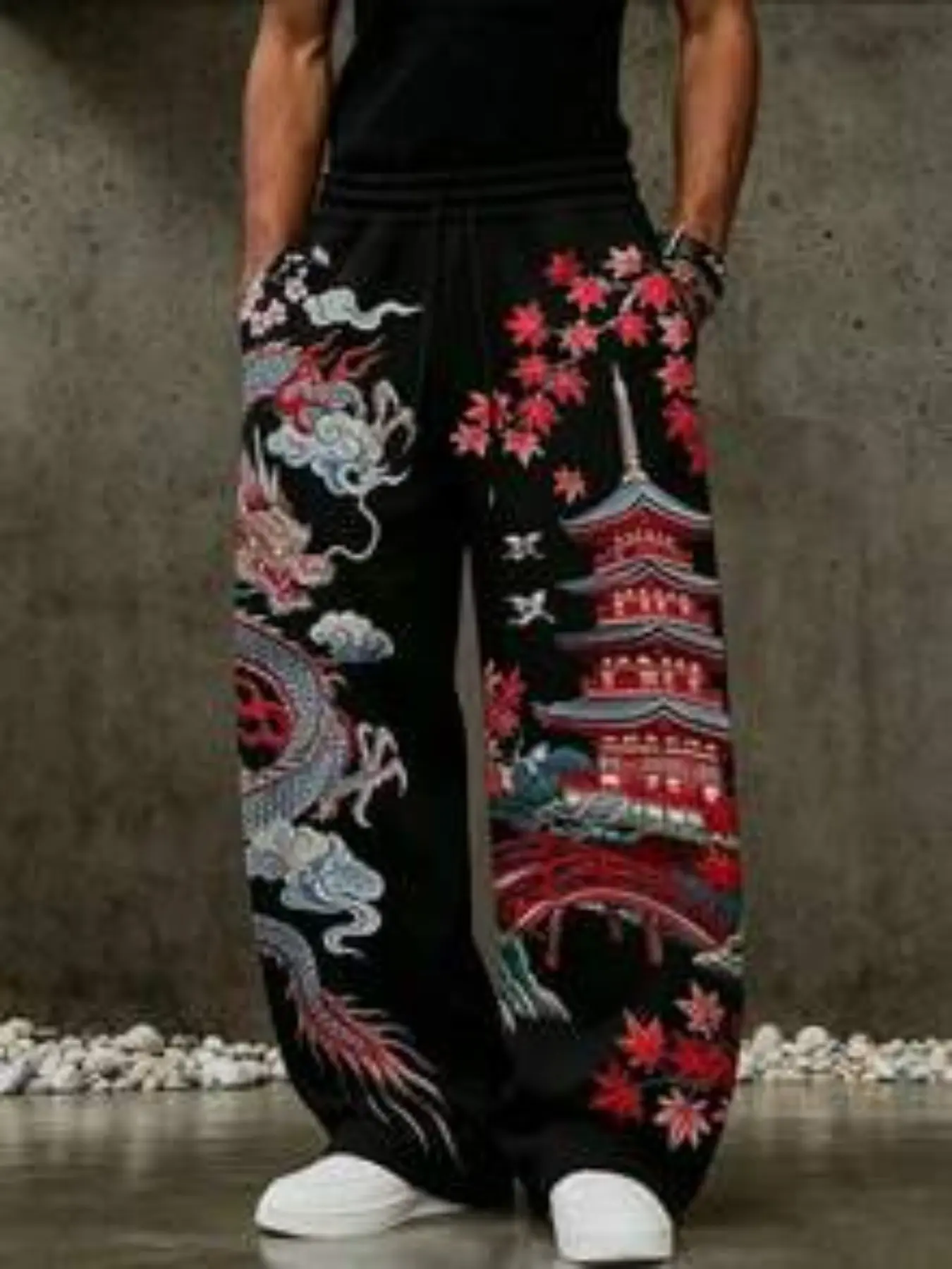 New Oriental Dragon Tower Print Casual Pants, Hip Hop Streetwear Unisex, Drawstring Sports Sweatpants, Couple Fashion, Gift Choice