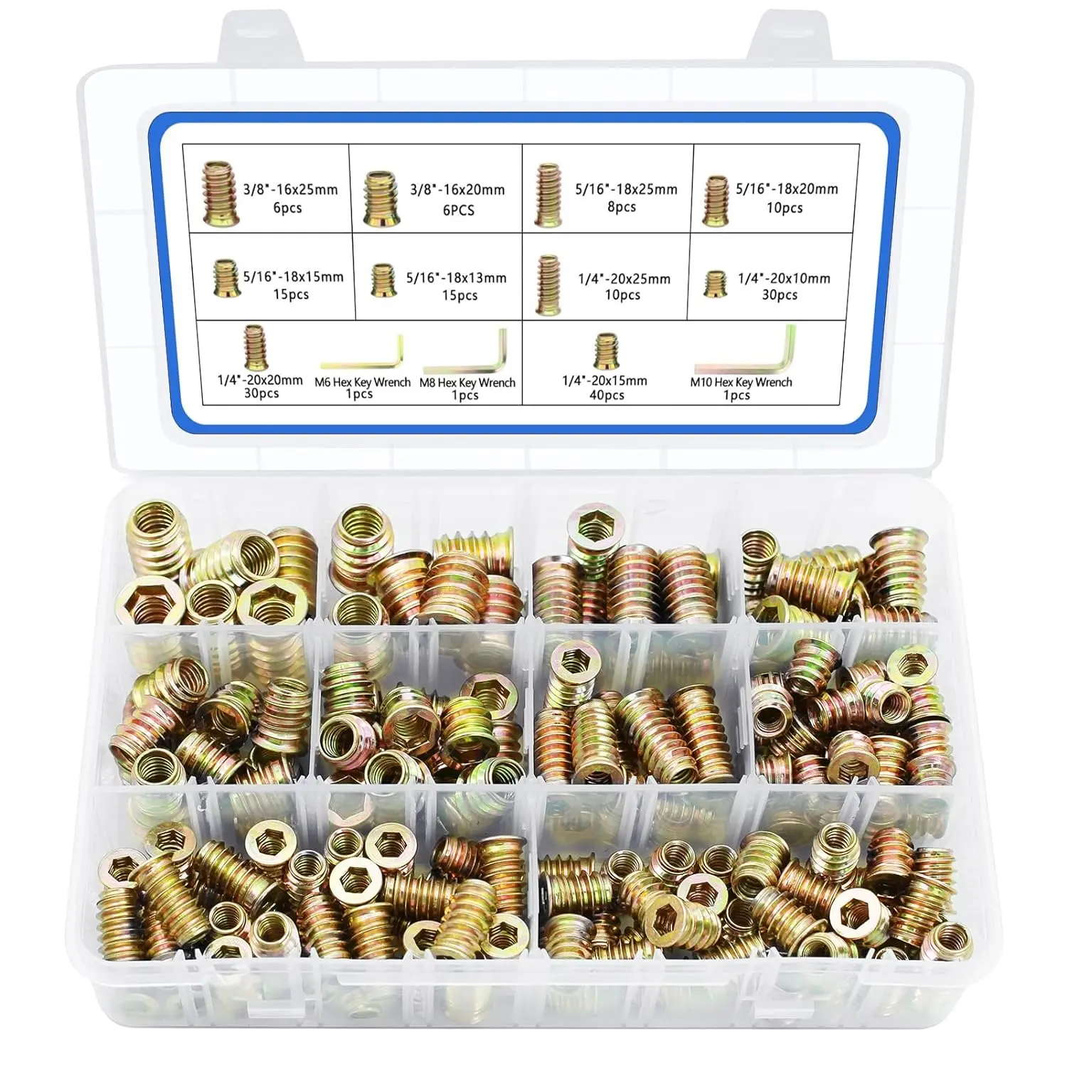 Threaded Inserts 170 count, 10 Sizes  Kit for  Furniture | Steel threaded inserts, 170 count in 10 sizes (1/4"-20, 5/16"-18, 3/8"-16). For  furniture. Hex wrench included