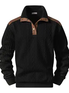 Vintage Colorblock Collar Men's Long Sleeve Polo Sweatshirt, 3D Jacquard Texture, Half Button Hoodie, Fall Daily Warm Casual Top