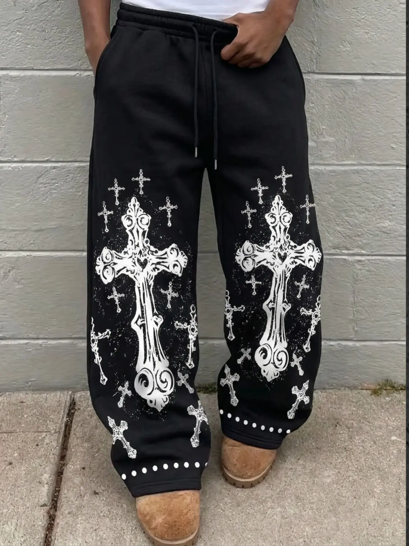 Men's Gothic Cross Print Wide Leg Sweatpants | Full Print Polka Dot Streetwear Pants | Loose Fit Casual Bottoms for All Seasons
