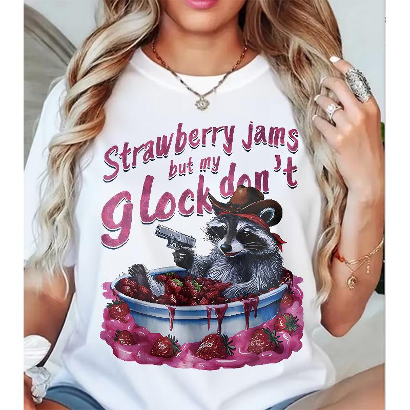 Funny Meme Raccoon Cowboy Graphic Tee| Y2K Strawberry Jam Shirt  Casual and Versatile