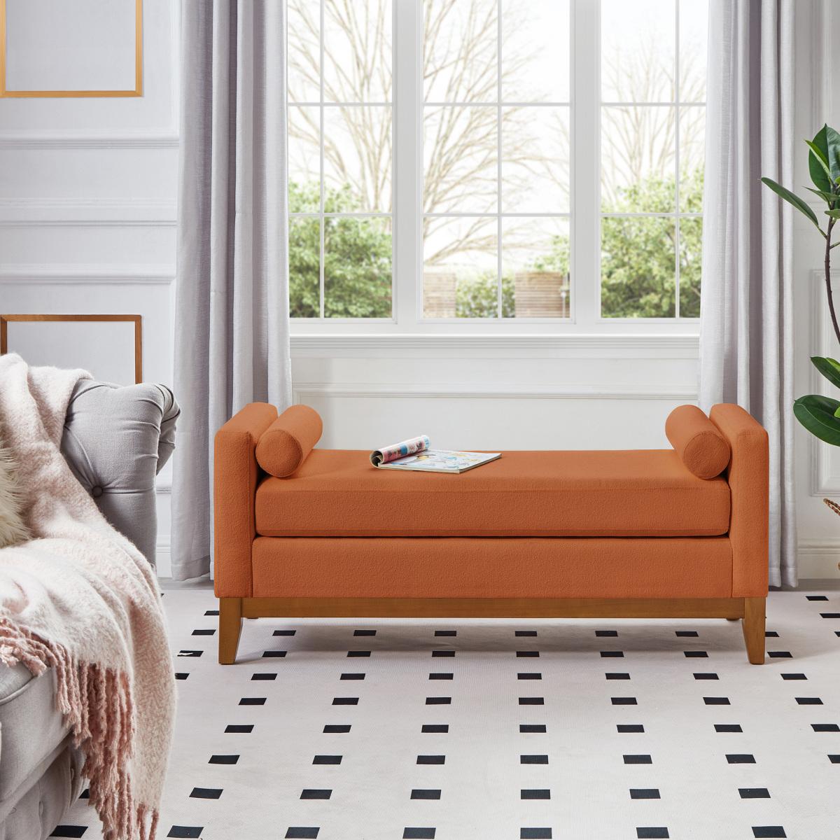 Large Upholstered Boucle Fabric Ottoman with Pillows,Comfort Padded Window Bench for Living Room,Entryway Bench