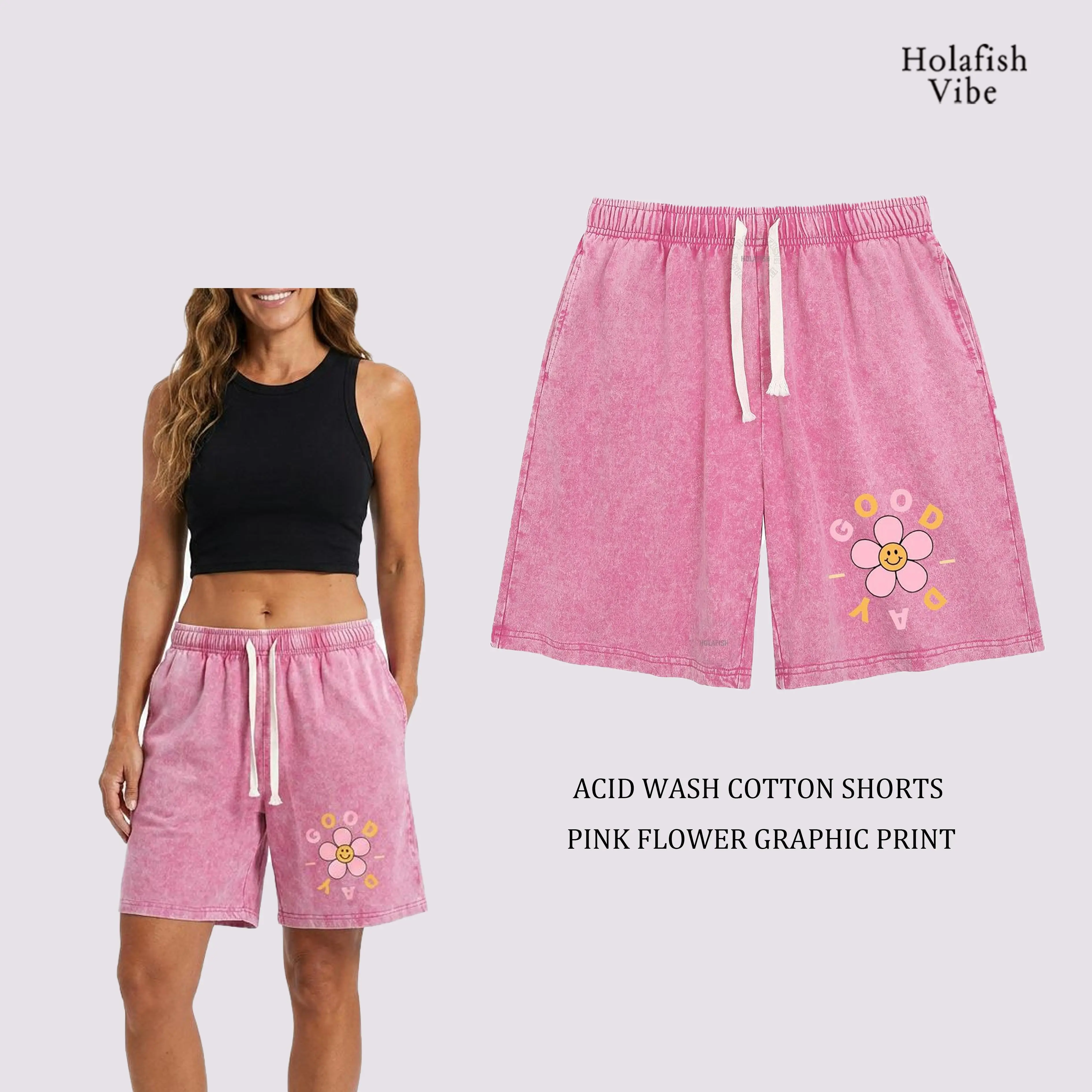 Holafish Women's Oversized Vintage Acid Wash Cotton Shorts, Soft Blush Pink Flower Graphic Print Bottoms, Retro Summer Streetwear, Comfort Casual Wear for Lounging, Park Trips