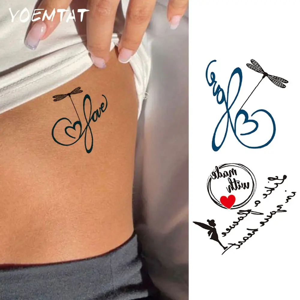 Waterproof Temporary Tattoo Sticker Ephemeral Tattoos Minimalist Tattoo Blue-black Dragonfly Fairy Red Heart Love Handwritten Font Simple Lines Body Art Arm Fake Tattoos Sleeve For Women Men Aldult Hand Wrist Waist Abdomen Leg Ankle