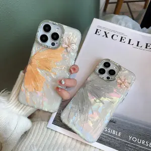 Compatible with iPhone 17 Pro Max/16 Pro/15/14 | Iridescent Seashell Texture Color-Shifting Butterfly Full Wrap Shockproof Phone Case HNZ0283