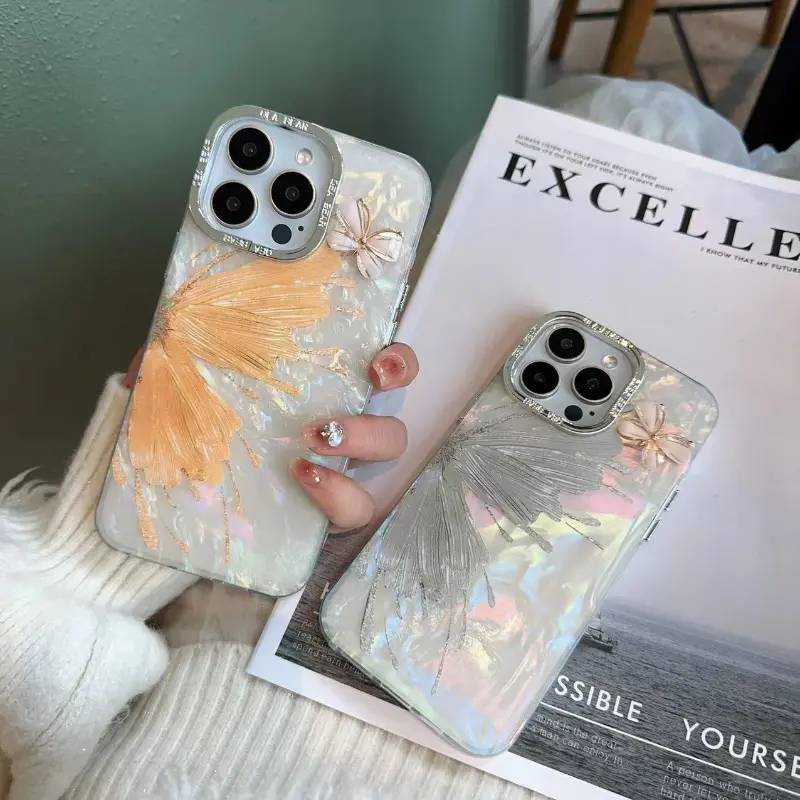 Compatible with iPhone 17 Pro Max/16 Pro/15/14 | Iridescent Seashell Texture Color-Shifting Butterfly Full Wrap Shockproof Phone Case HNZ0283
