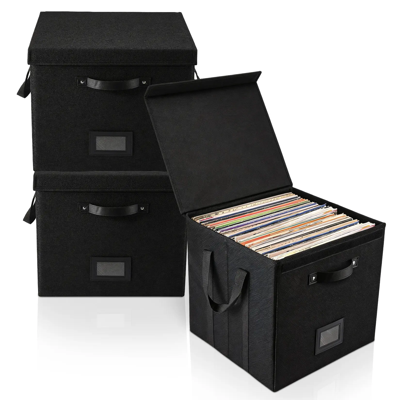 GAOMON 3-Pack Vinyl Record Storage Boxes with Lids, Stackable Black Cube Organizers for LP Albums, Dust-Proof Non-Woven Fabric, Portable Handles, Lightweight Modern Home Decor for Living Room Office, 13x13in, Fitting