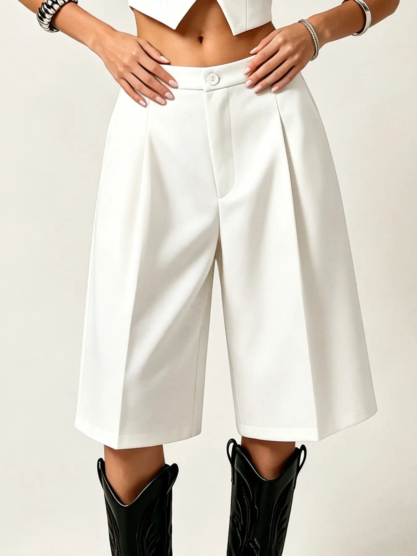 LF3514 Women's High-Waisted Summer Shorts Bottoms, Fashionable Loose Fit, Casual Plain Design, Perfect for Work, Shopping, Travel, Parties