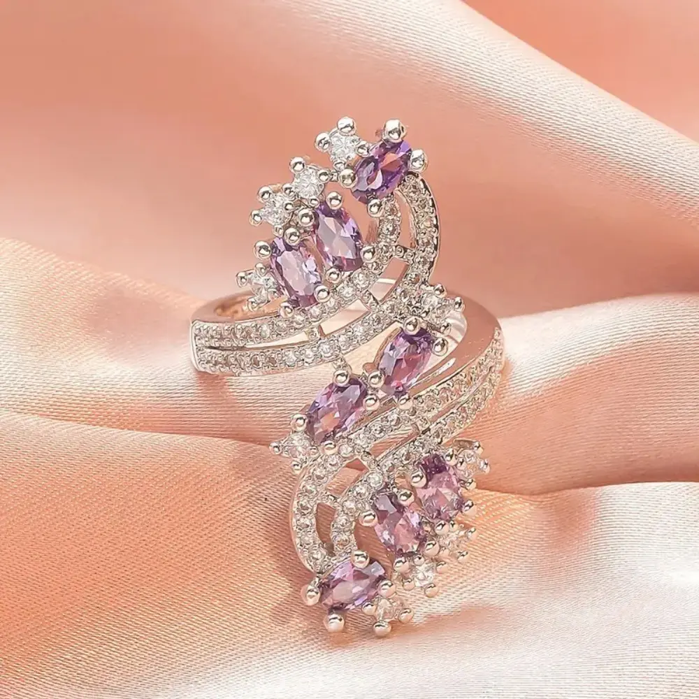 Luxury Shiny Amethyst Cubic Zirconia Ring Full Inlaid Rhinestones Classic Jewelry For Wedding Engagement Promise Ceremony Bride Accessory Perfect Anniversary Birthday Holiday Gift For Her