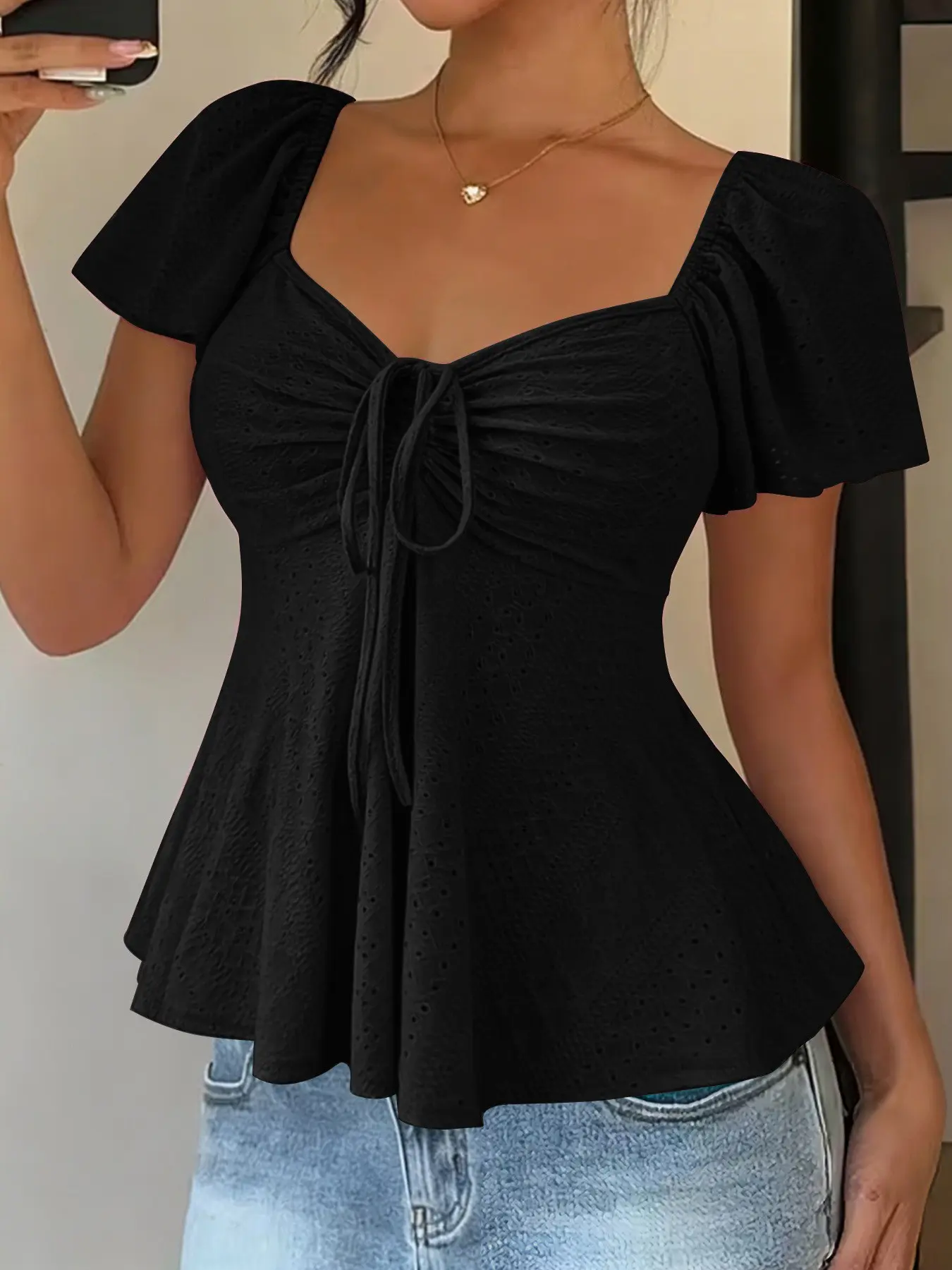 Square Neck Drawstring Waist Ruffle Top for Women, Hollow Out Short Sleeves Slim Fit Casual Shirt, Chic Fashion Solid Color Unlined Clothing