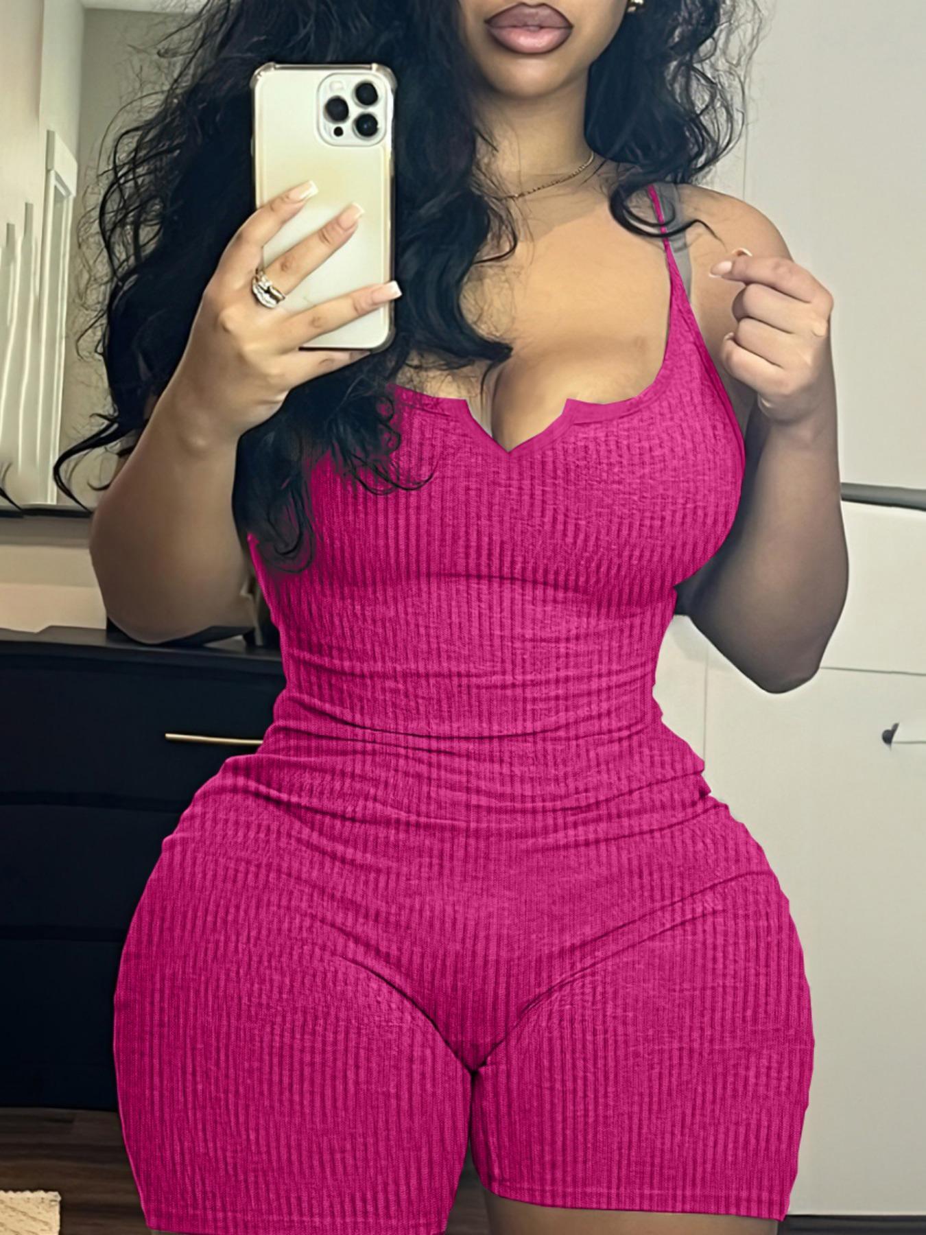 Women's Solid Color / Heart Print Notched Neck Cami Ribbed Romper, Casual Basic Spaghetti Strap Sleeveless High Waist Skinny Romper for Summer, Ladies Clothes for Daily Wear