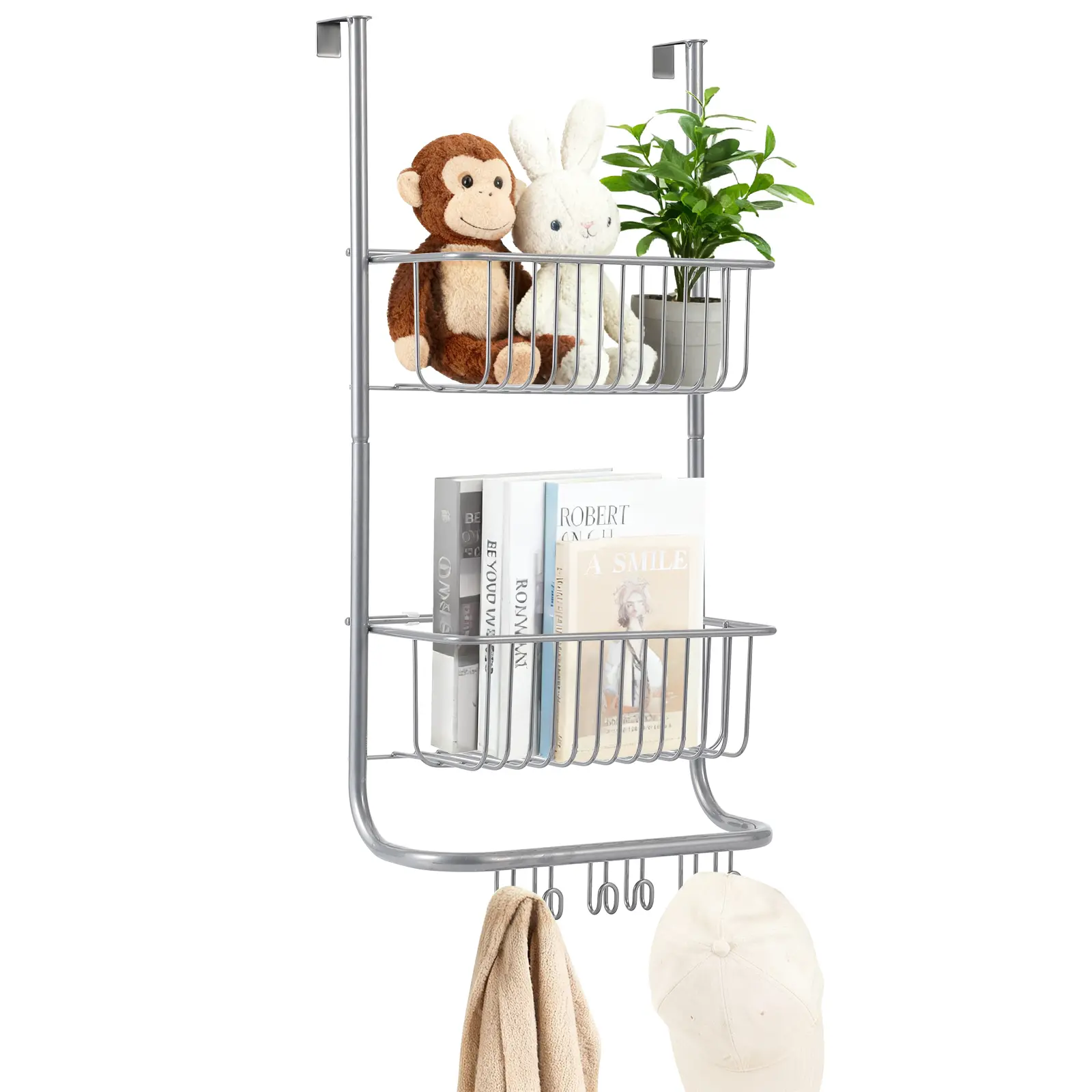 Adjustable Over-the-Door Shower Caddy Organizer, 2-Tier Metal Hanging Storage Rack with 6 Hooks, Space-Saving Bathroom Shelf for Shampoo & Soap