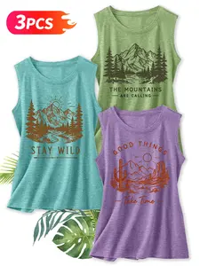 3Pcs Women Heather Crew Tank Top, Forest Cactus Wild Landscape Print, multi-color, washable, soft summer sleeveless top