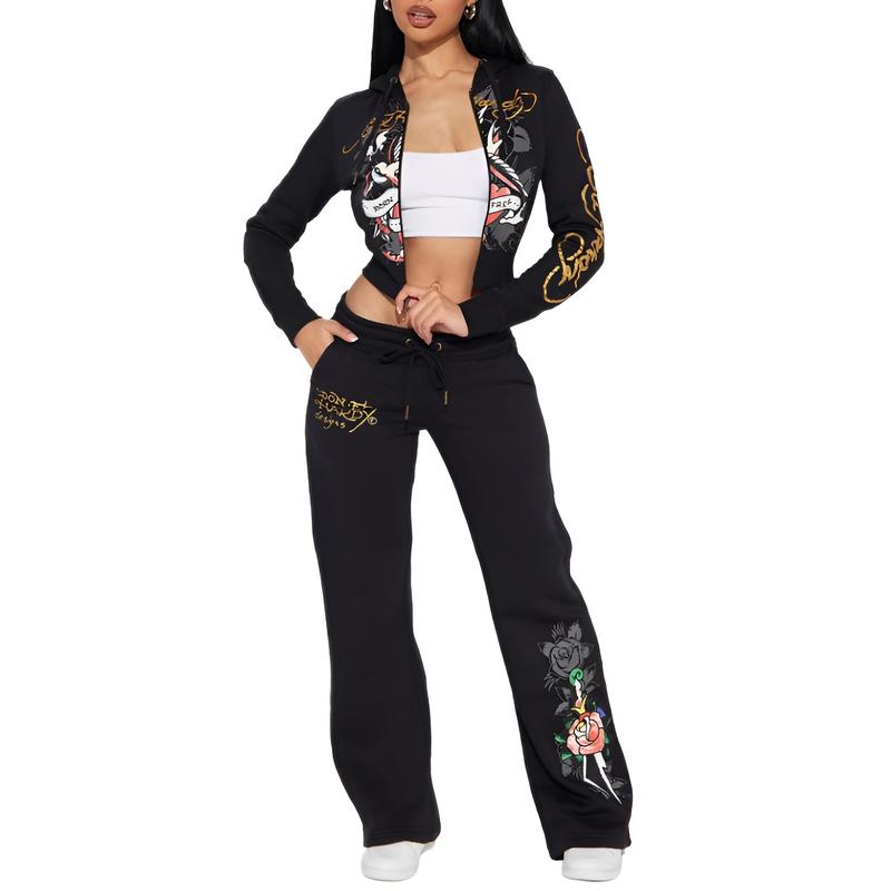 Women's Plus Size Fashionable Set with Printed Cardigan and Long Sleeve Top, Matching Long Pants Comfortable and Stylish Outfit with Bold Graphics Perfect for Casual or Trendy Daily Wear