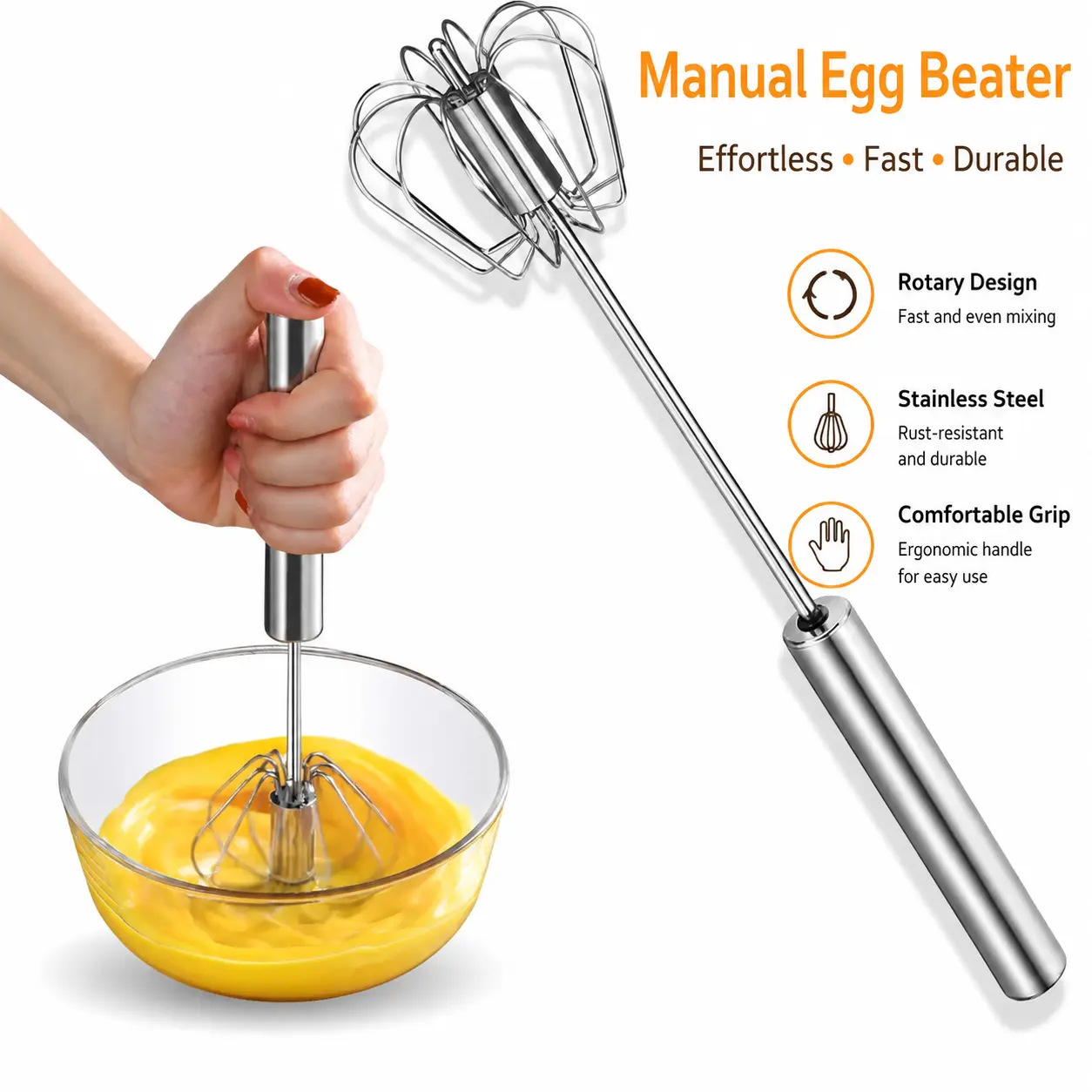 Premium Stainless Steel Handheld Egg Beater with Ergonomic Handle – Multi-Functional Kitchen Whisk for Baking, Mixing, Whipping Eggs, Blending Batter, and Preparing Sauces – Durable, Dishwasher-Safe, Non-Slip Grip Design