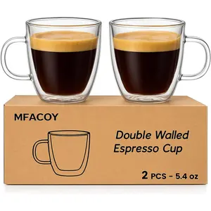 Mfacoy Glass Double Wall Insulated Espresso Cups (Set of 2), 5.4 oz Shots Cup with Handle, Insulated Glasses Mugs, Small Coffee Cups, Shot Glass